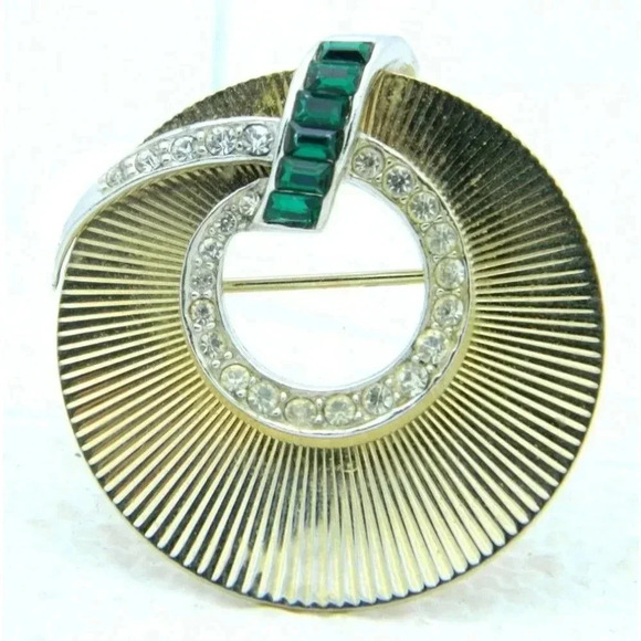 Dual Tone Clear Green Rhinestone Wreath Art Deco - Picture 1 of 4